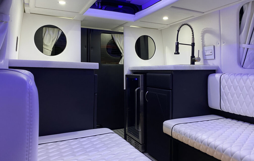 RV Party Van Couches and Porthole Windows